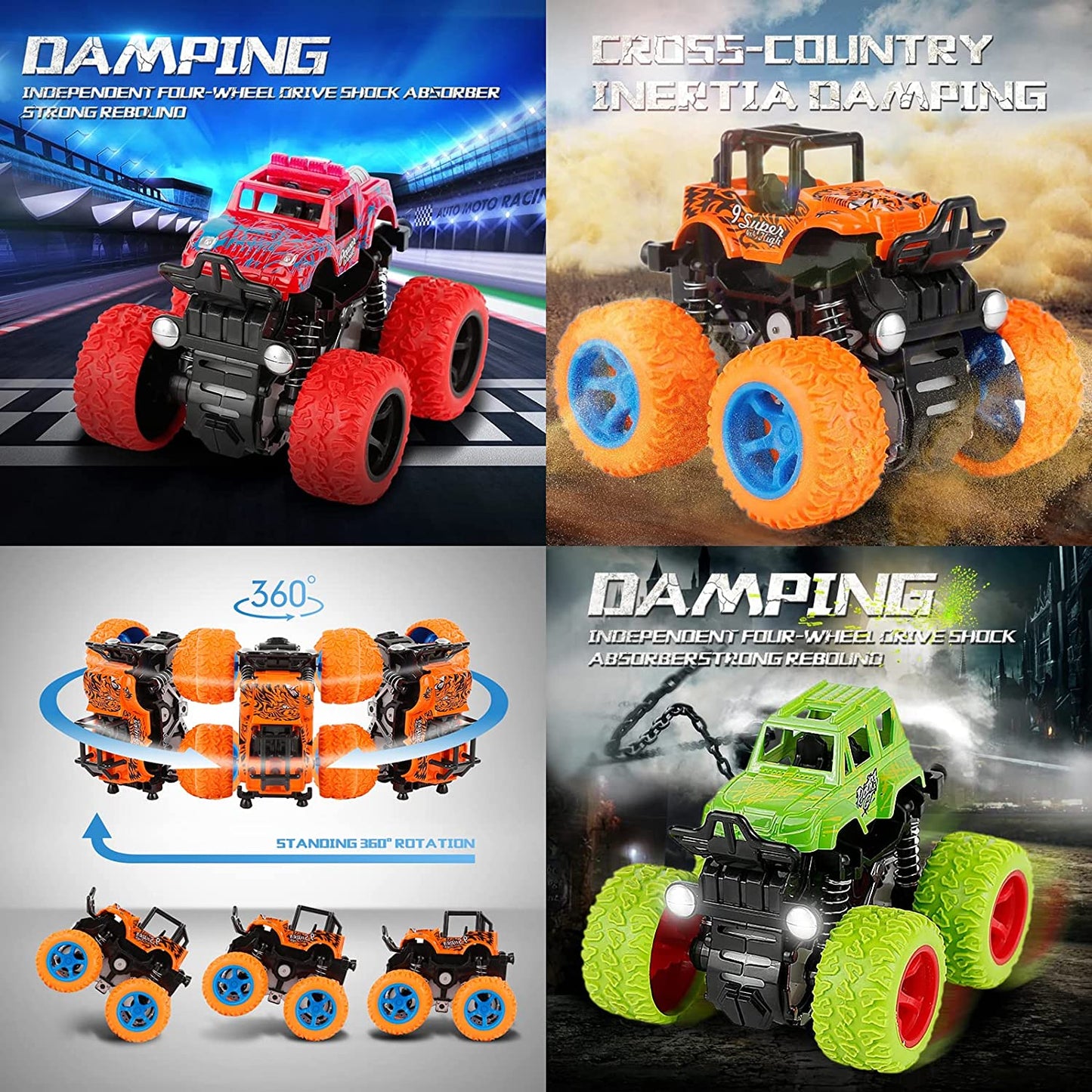 Monster Truck for Boys 3 4 5 6 7 Year Old,4 Pack Push and Go Friction Powered Car Toys, Double-Directions Inertia Pull Back Vehicle Set,Birthday Party Gift for Kids