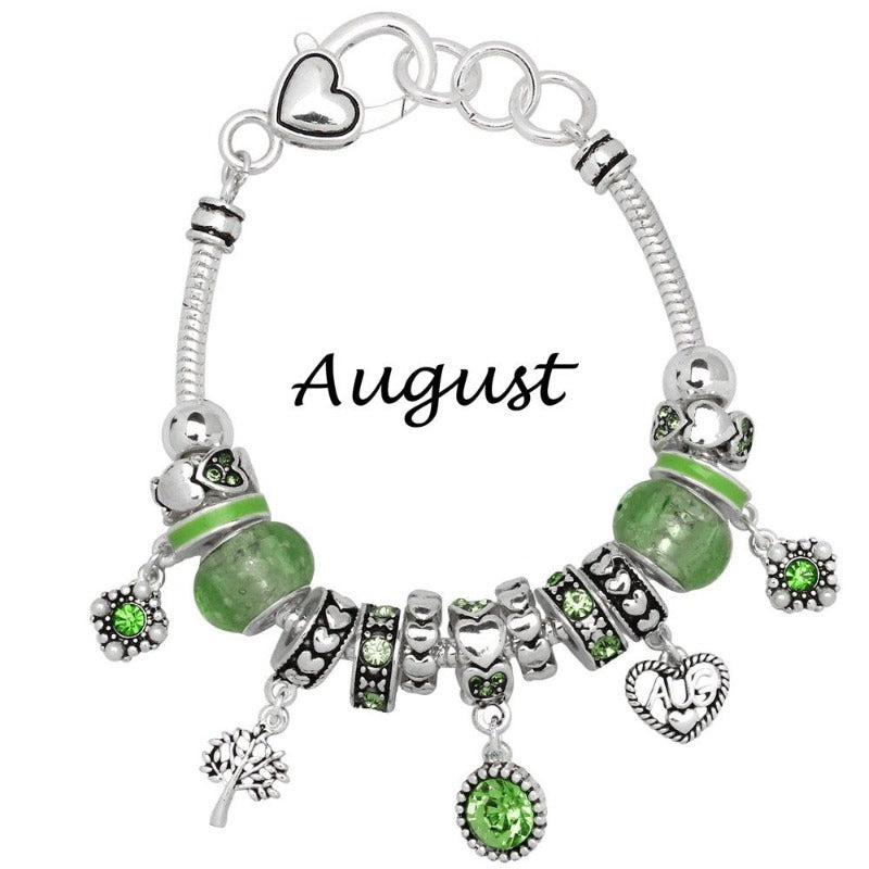 Birthstone Bracelet Multi-Color Charm Beads Silvertone