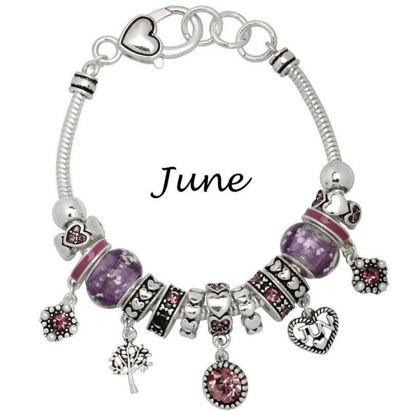 Birthstone Bracelet Multi-Color Charm Beads Silvertone