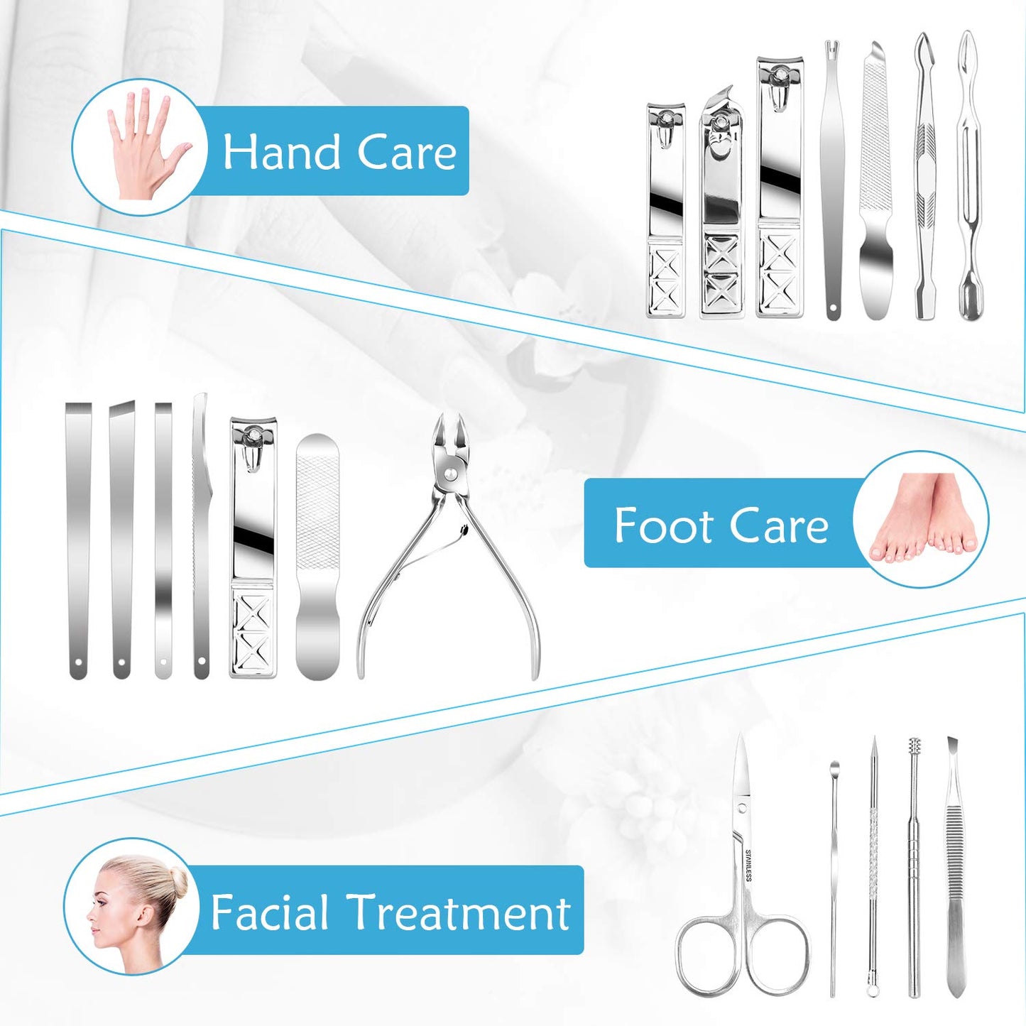 Deluxe 18 Pcs Stainless Steel Professional Manicure Pedicure Set - Nail Clippers Travel Hygiene Nail Cutter Care Set with Leather Case