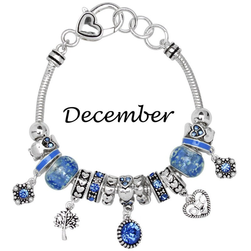 Birthstone Bracelet Multi-Color Charm Beads Silvertone