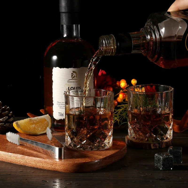 Whiskey Stones Glass Gift Set - Bourbon Scotch Whiskey Glass Set of 2 - Granite Chilling Rocks in Premium Wooden Box
