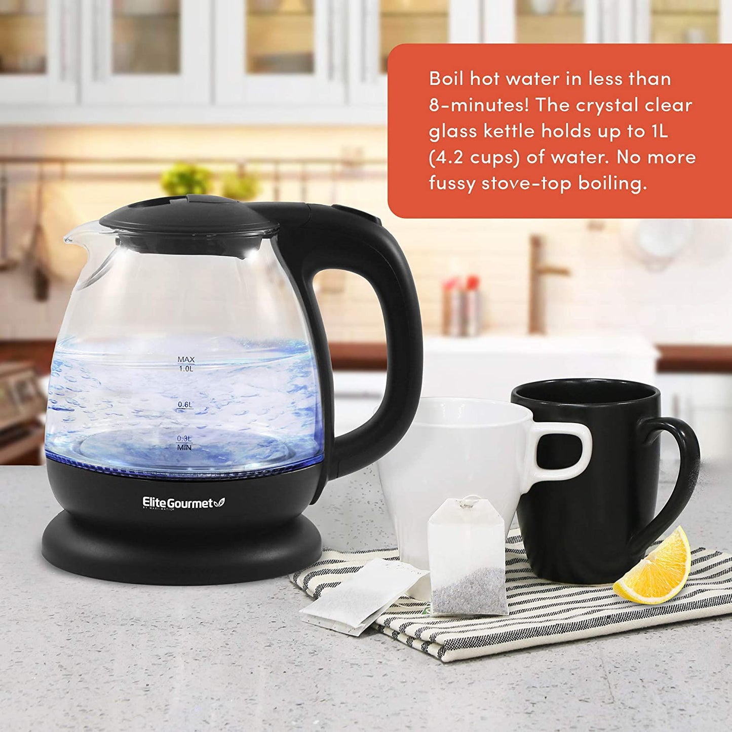 Electric 1.0L Bpa-Free Glass Kettle Cordless 360° Base, Stylish Blue LED Interior, Handy Auto Shut-Off Function – Quickly Boil Water for Tea & More