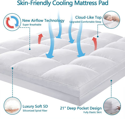 CHOKIT Luxury Soft 5D Spiral Fiber Queen Mattress Topper, Extra Thick Mattress Pad Cover for Back Pain Relief, Cooling Breathable Pillow Top Protector with 8-21" Deep Pocket, All Season Bedding