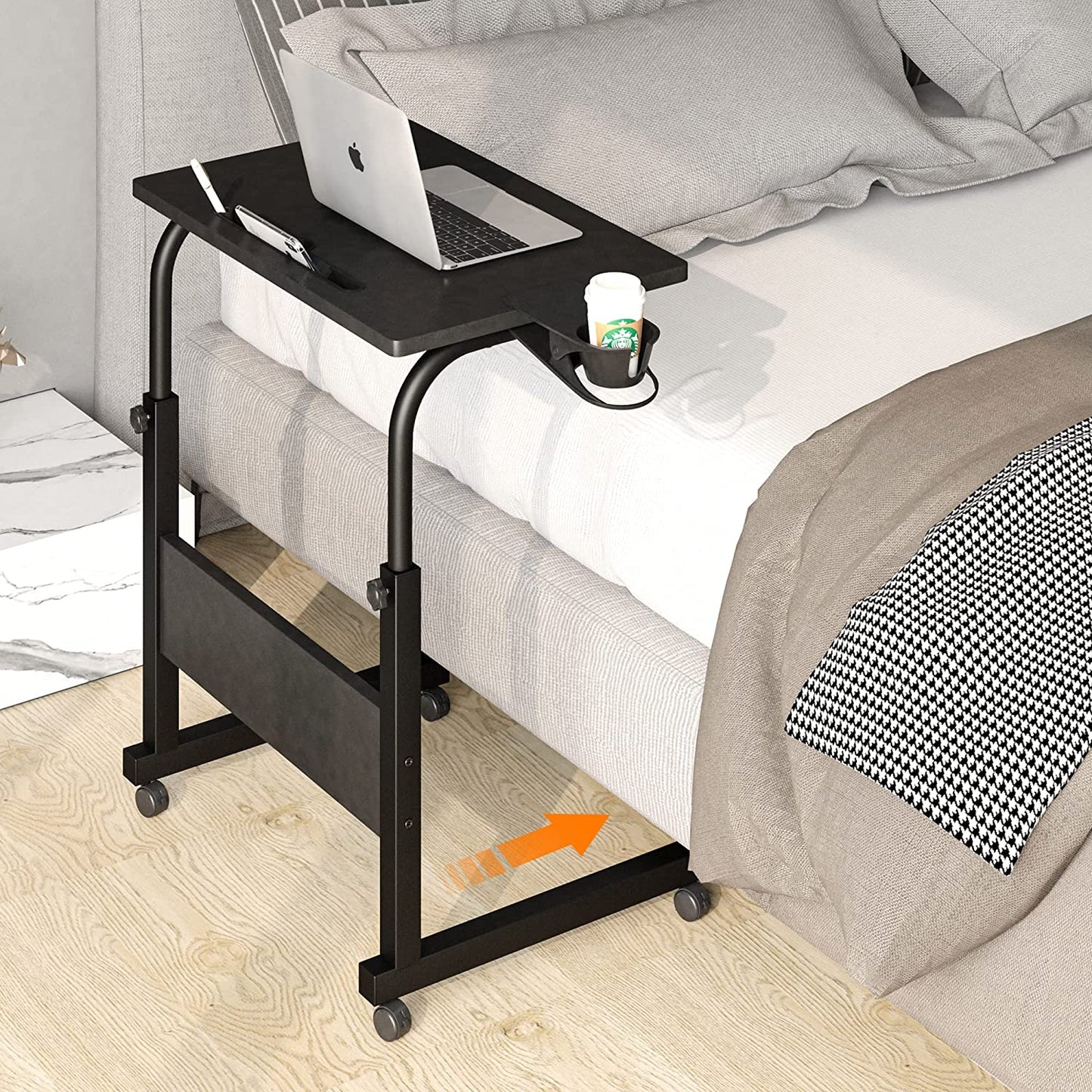 Standing Desk Adjustable Height, Stand up Desk with Cup Holder, Portable Laptop Desk, Mobile Standing Desk, Small Computer Desk, Bedside Table, Black Rolling Desk, Work Desk for Home Office