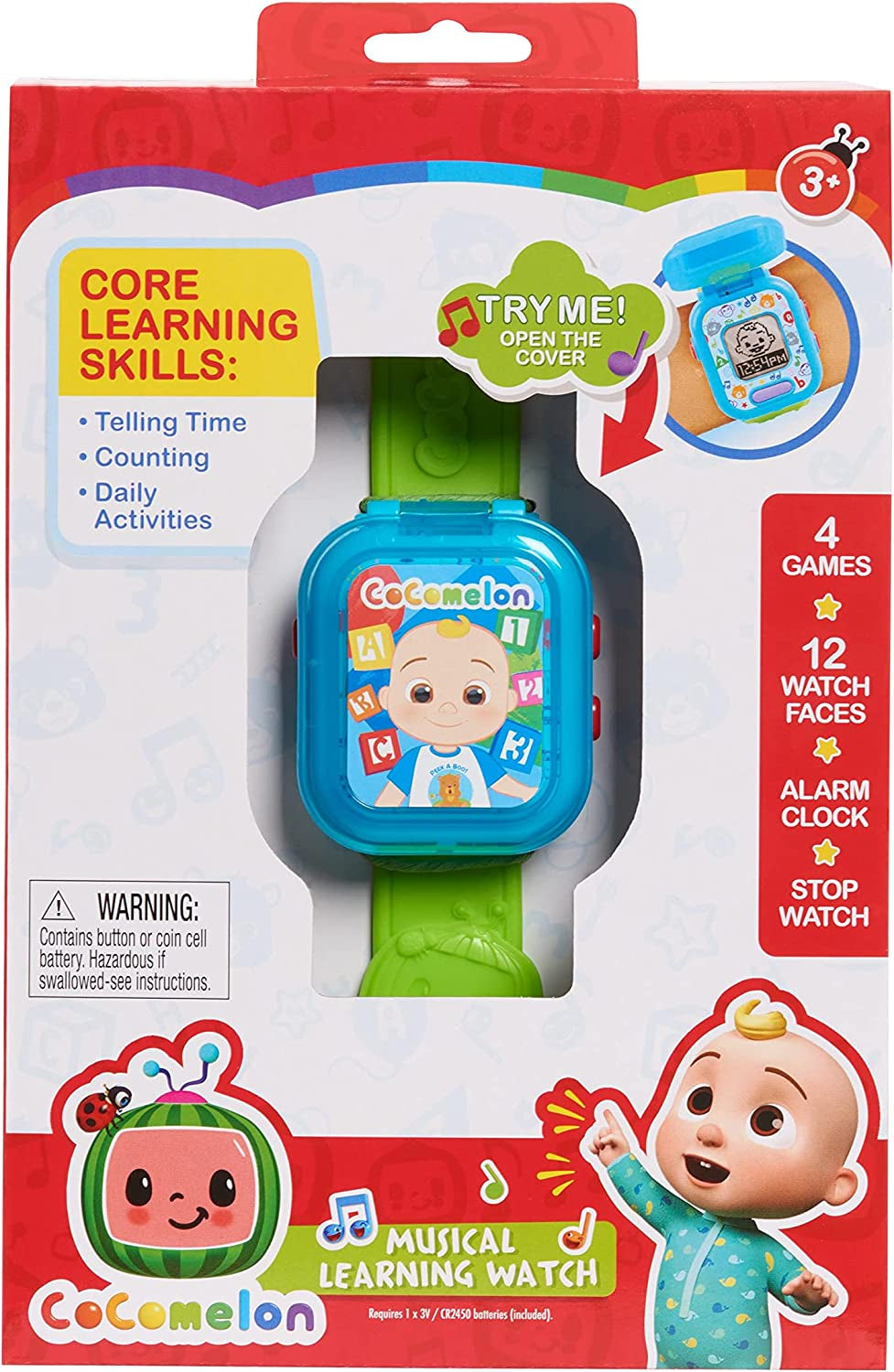 Cocomelon Jj’S Learning Smart Watch Toy for Kids with 3 Education-Based Games, Alarm Clock, and Stop Watch, by Just Play