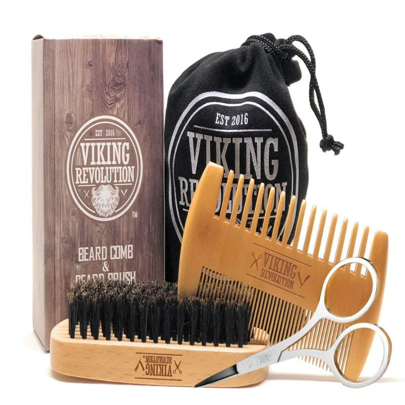 Beard Comb & Beard Brush Set for Men - Natural Boar Bristle Brush & Dual Action Pear Wood Comb W/Velvet Travel Pouch