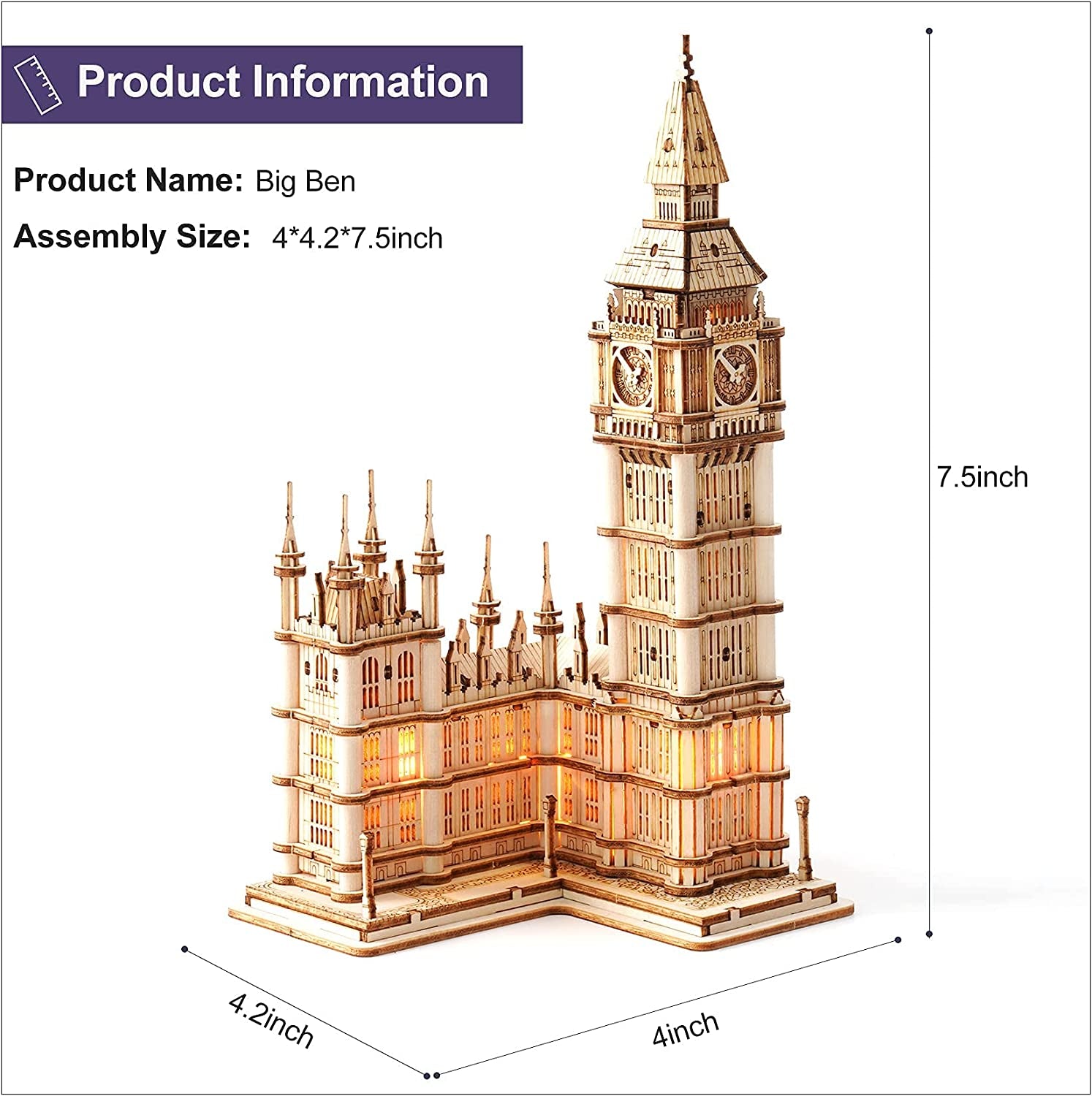 3D Puzzle for Adults Wooden Craft Kits for Teens DIY Construction Model Kit with LED Light to Build Educational Big Ben Set Toys