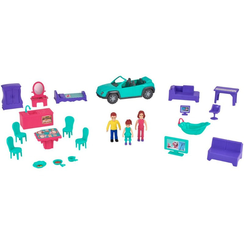3-Story Dollhouse Play Set with Working Garage and Elevator, 24 Pieces