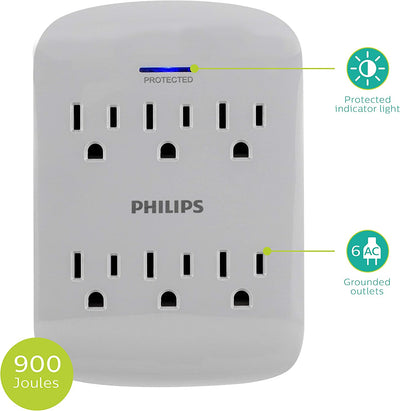 Philips 6-Outlet Extender Surge Protector, 900 Joules, 3-Prong, Space Saving Design, Protection Indicator LED Light