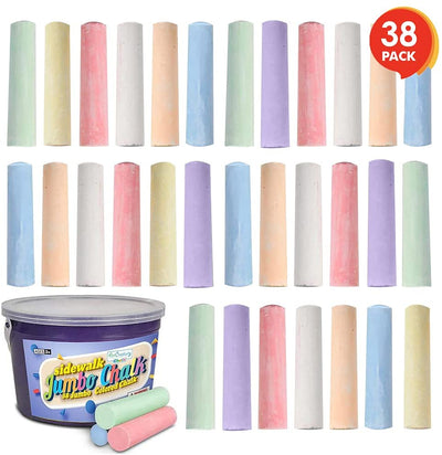 38 Colorful Jumbo Sidewalk Chalk Set in Storage Bucket 7 Colors, , Portable, Dust Free & Washable, for Driveway, Pavement, Outdoors, Arts & Crafts Gift for Kids