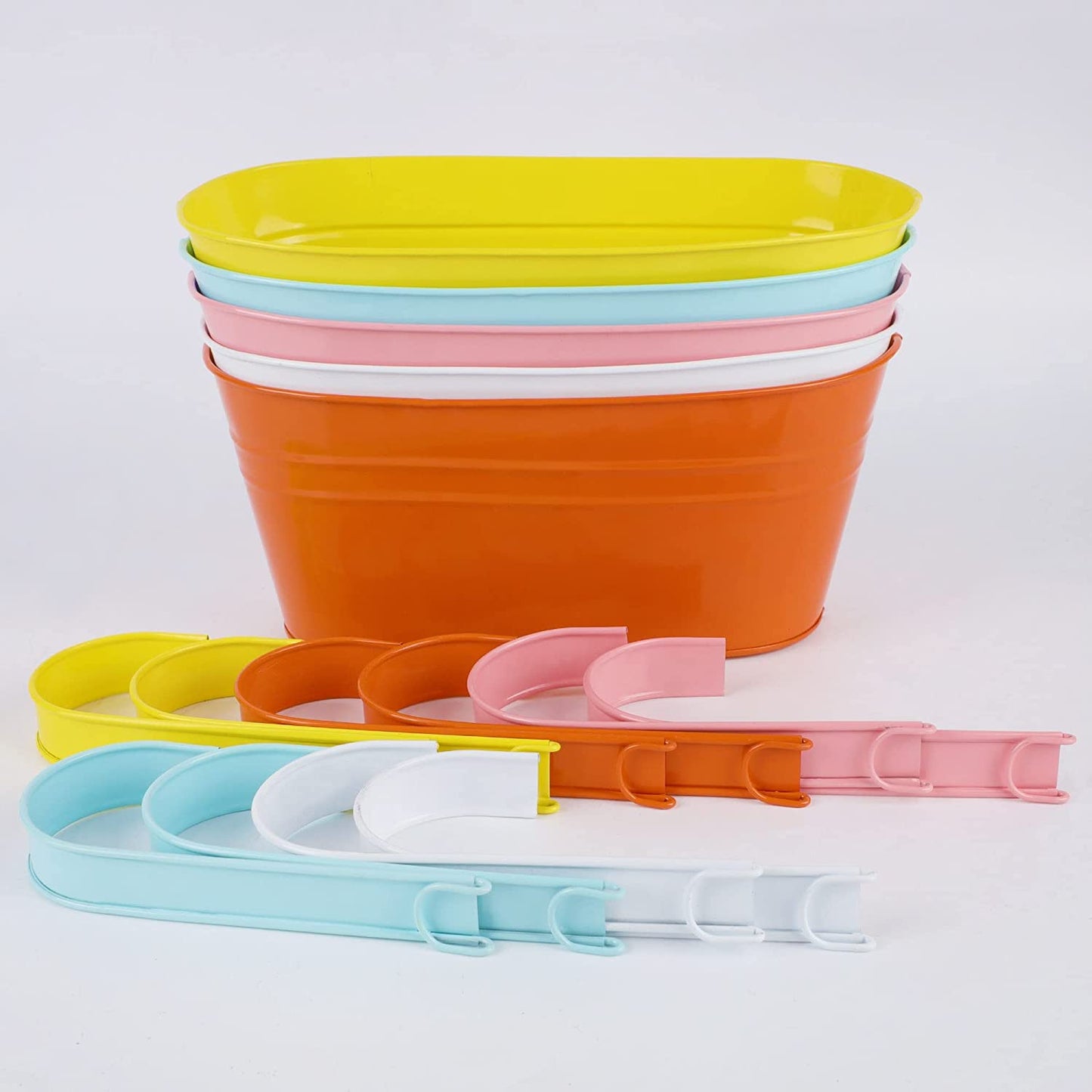 Glory Island 5 Pcs Hanging Flower Pot, Metal Iron Bucket Planter Box with Detachable Hooks, Outdoor Flowers Holder for Railing Fence Balcony Garden Yard