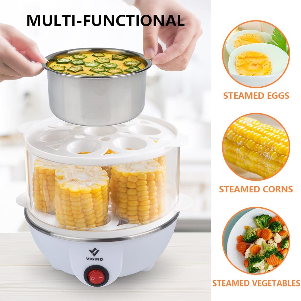 VIGIND Electric Egg Cooker Boiler Maker Soft, Medium or Hard Boil, 14 Egg Capacity Two Layer Egg Maker,Egg Steamer,With Automatic Shut Off, Egg Slicer and Stainless Steel Bowl Included,Noise Free