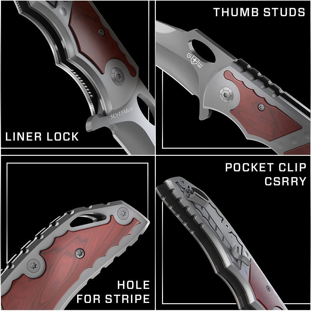 Pocket Knife - Spring Assisted Knife - Tactical Survival Folding Knives - Best EDC Camping Hiking Hunting Boy Scout Knofe Gear Accessories for Men Wood Handle Sharp Blade Knifes - Gift for Men 97010