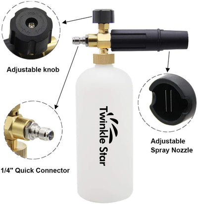 Twinkle Star Foam Cannon 1 L Bottle Snow Foam Lance with 1/4" Quick Connector, 5 Nozzle Tips for Pressure Washer