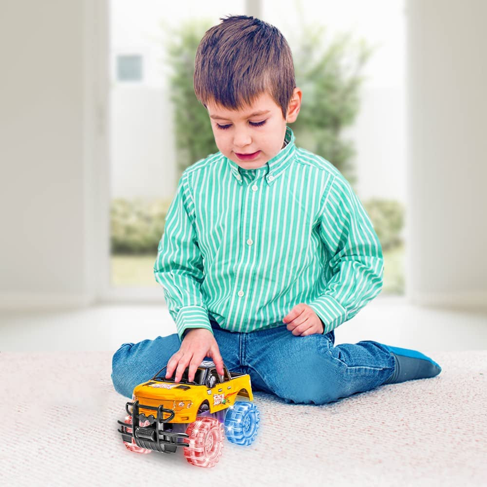 Artcreativity Light up Yellow & Black Monster Truck, 1 Piece, 8 Inch Monster Truck with Flashing LED Tires & Batteries, Push N Go Car Toys for Kids, Fun Gift for Boys & Girls Ages 3 & Up