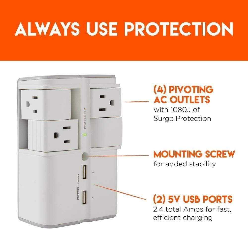 On-Wall Surge Protector with 4 Pivoting AC Outlets & 2 USB Ports – Packs 1080 Joules of Surge Protection & Installs on Existing Outlets to Protect Your Gear
