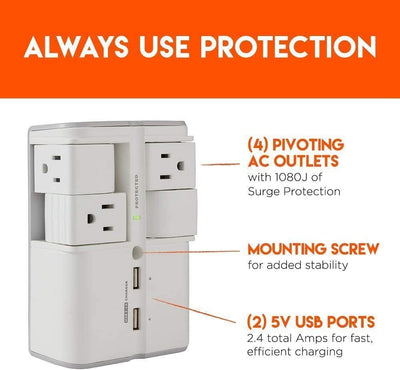 On-Wall Surge Protector with 4 Pivoting AC Outlets & 2 USB Ports – Packs 1080 Joules of Surge Protection & Installs on Existing Outlets to Protect Your Gear
