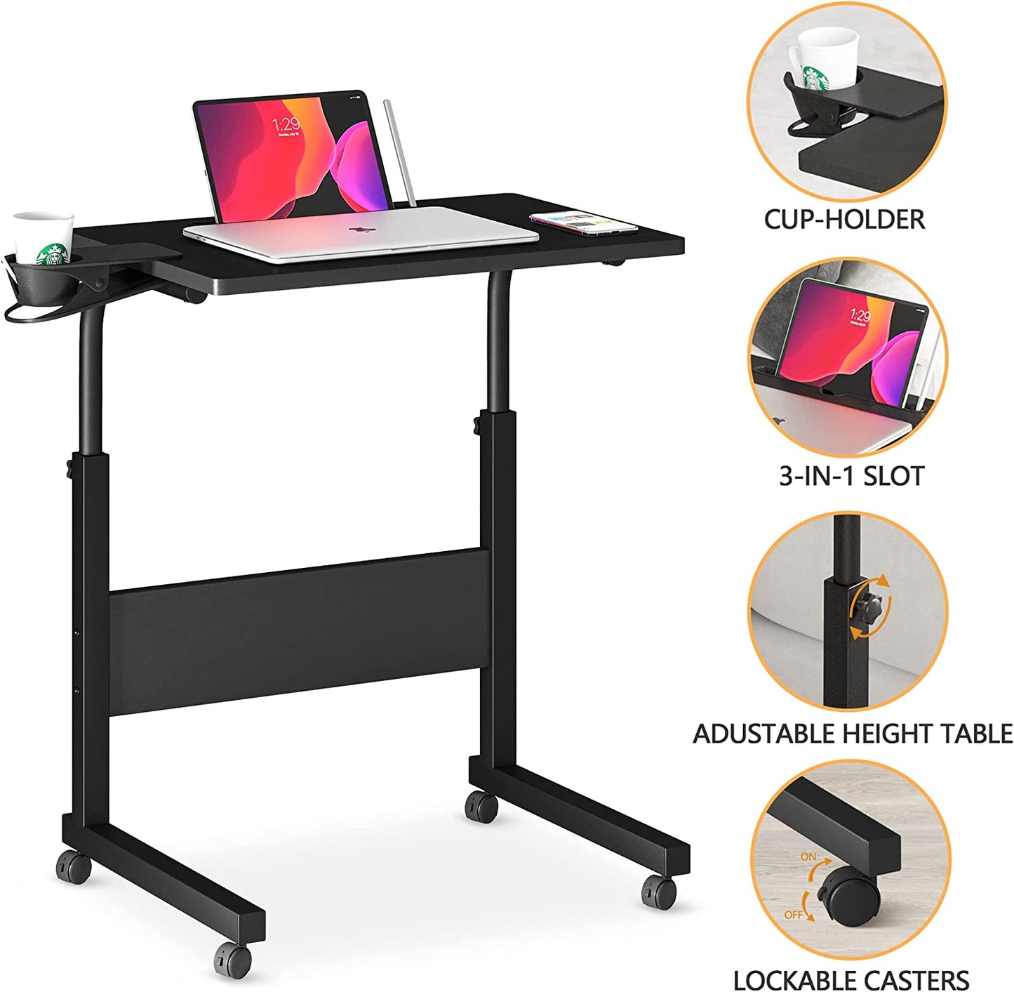 Standing Desk Adjustable Height, Stand up Desk with Cup Holder, Portable Laptop Desk, Mobile Standing Desk, Small Computer Desk, Bedside Table, Black Rolling Desk, Work Desk for Home Office