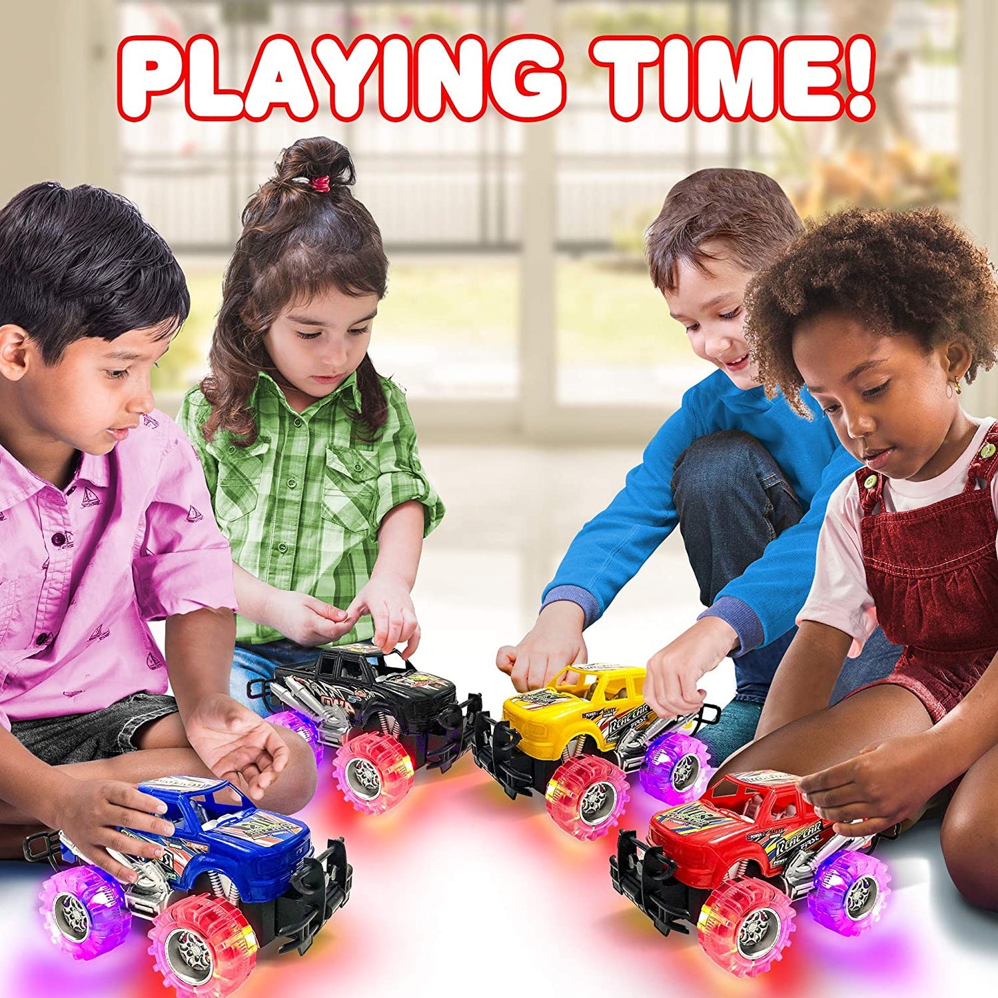 Light up Monster Truck Set for Boys and Girls by Artcreativity - Set Includes 4, 6 Inch Monster Trucks with Beautiful Flashing LED Tires - Push N Go Toy Cars Fun Gift for Kids - for Ages 3+