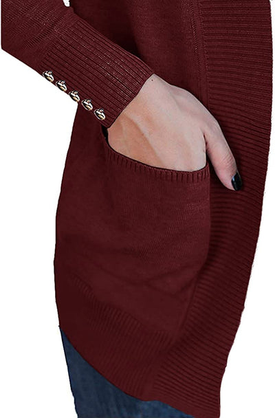 Womens Sweaters Cardigans Open Front Cufflinks Long Sleeve Knit Casual Tops with 2 Pockets