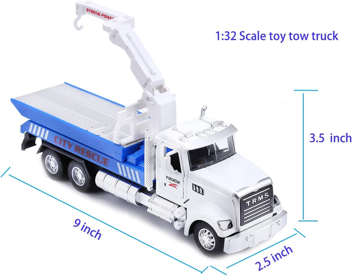 Metal Tow Trcuks Toy Trucks with Hook and Car for Boys Pull Back Trcuk Toys Wiht Light and Sound for Kids (1:32 Metal Tow Truck)