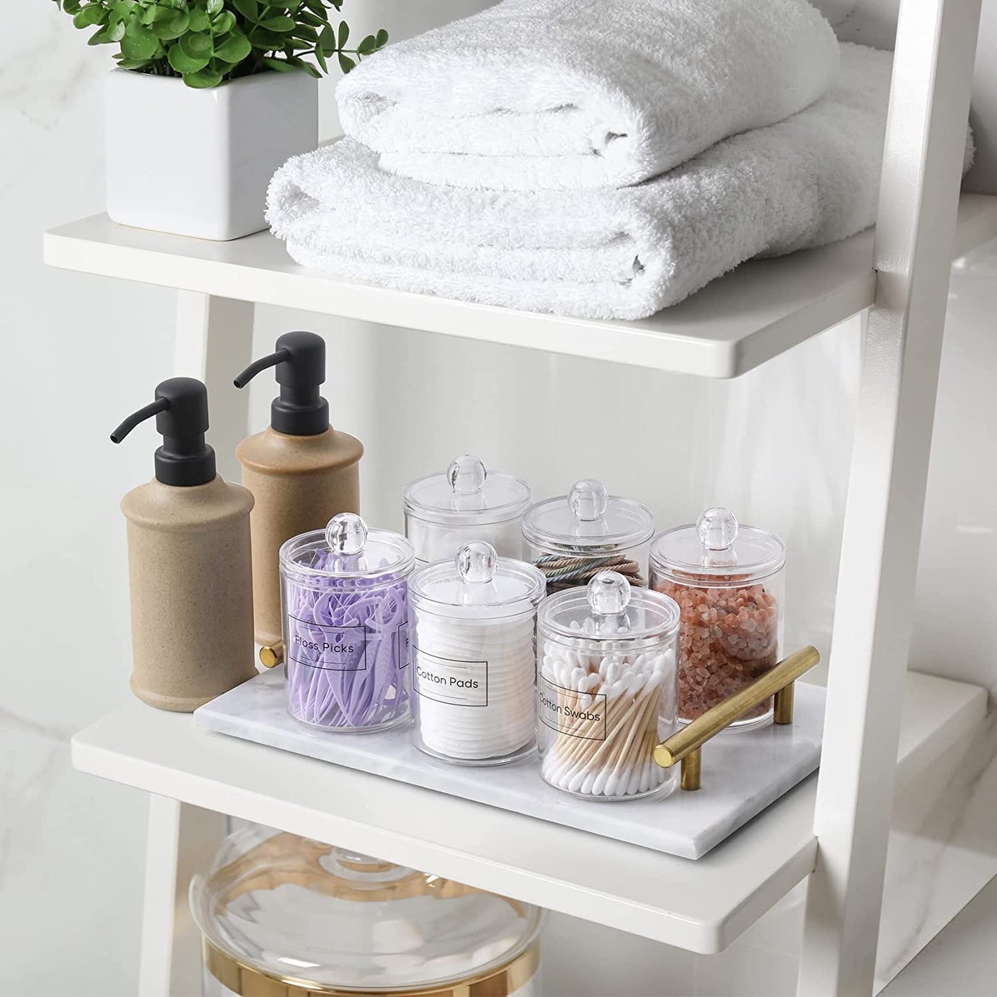 6 Pack Clear Plastic Apothecary Jar Set for Bathroom Canister Storage Organization