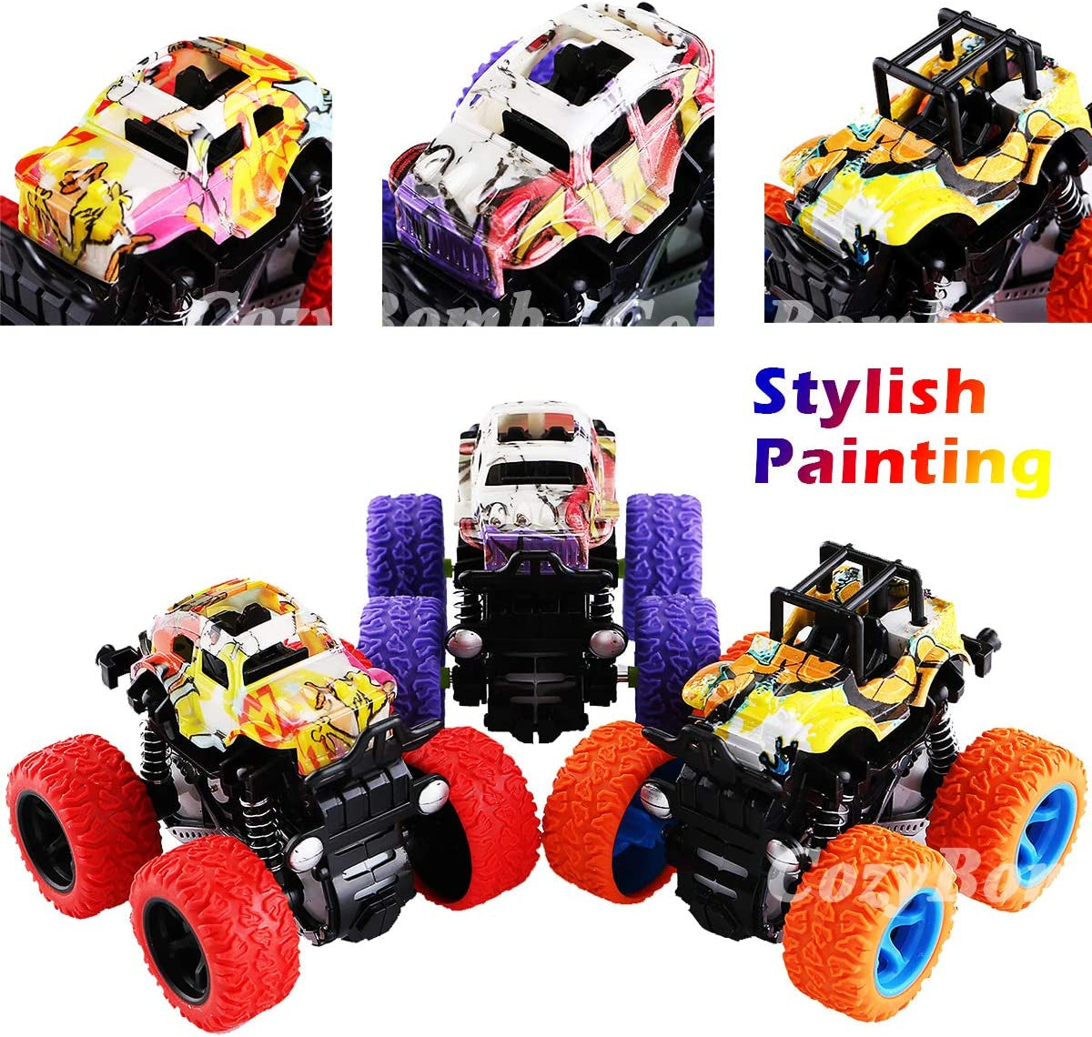 Monster Trucks Toys for Boys - Friction Powered 3-Pack Mini Push and Go Car Truck Playset for Boys Girls Toddler Aged 3 4 5 Year Old Gifts for Kids Birthday Christmas (Purple, Red, Orange, 3-Pack)