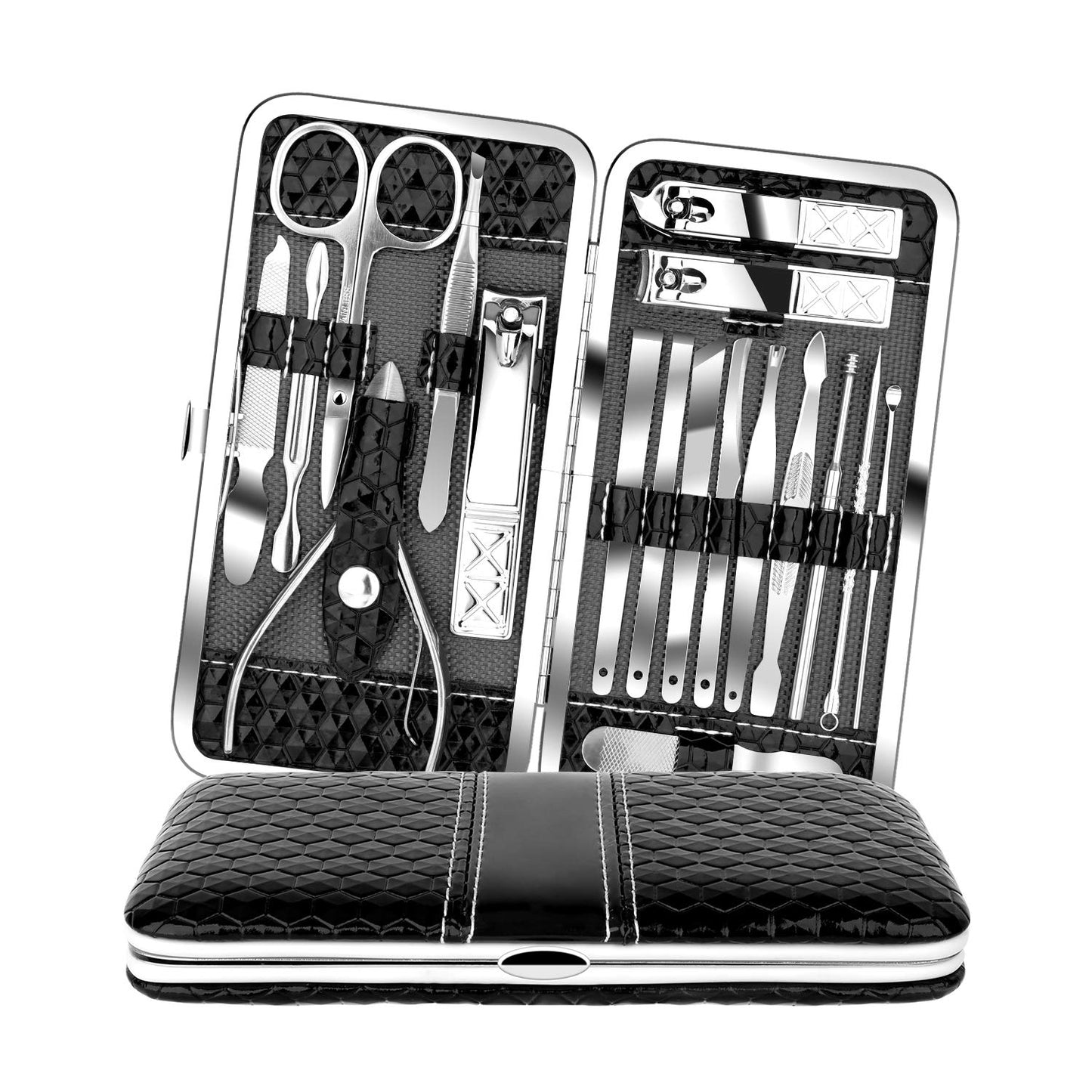 Deluxe 18 Pcs Stainless Steel Professional Manicure Pedicure Set - Nail Clippers Travel Hygiene Nail Cutter Care Set with Leather Case