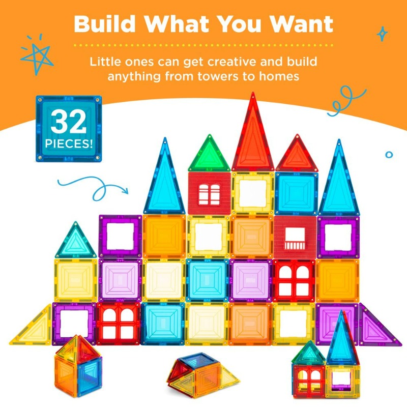 32-Piece Colorful Kids Mini Magnetic Tiles Educational STEM Toy Set W/ Carrying Case, Rounded Edges