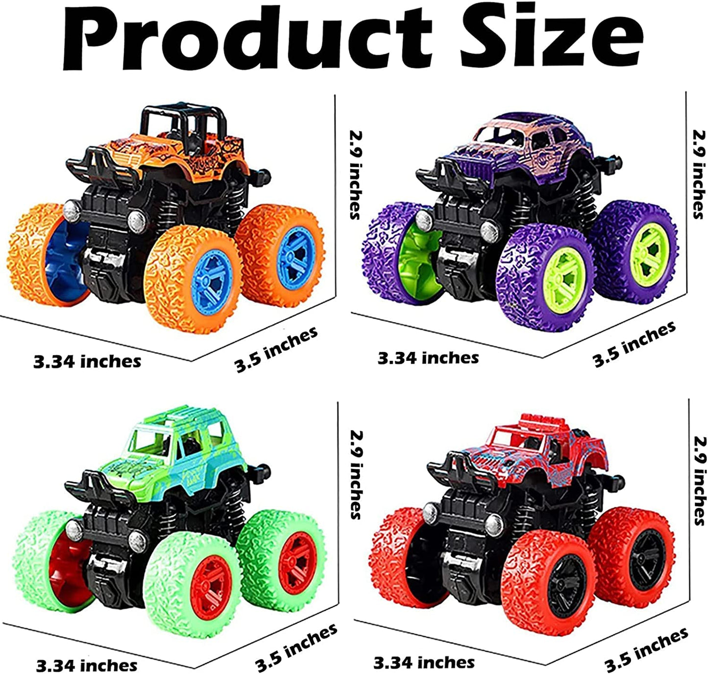 Monster Truck for Boys 3 4 5 6 7 Year Old,4 Pack Push and Go Friction Powered Car Toys, Double-Directions Inertia Pull Back Vehicle Set,Birthday Party Gift for Kids