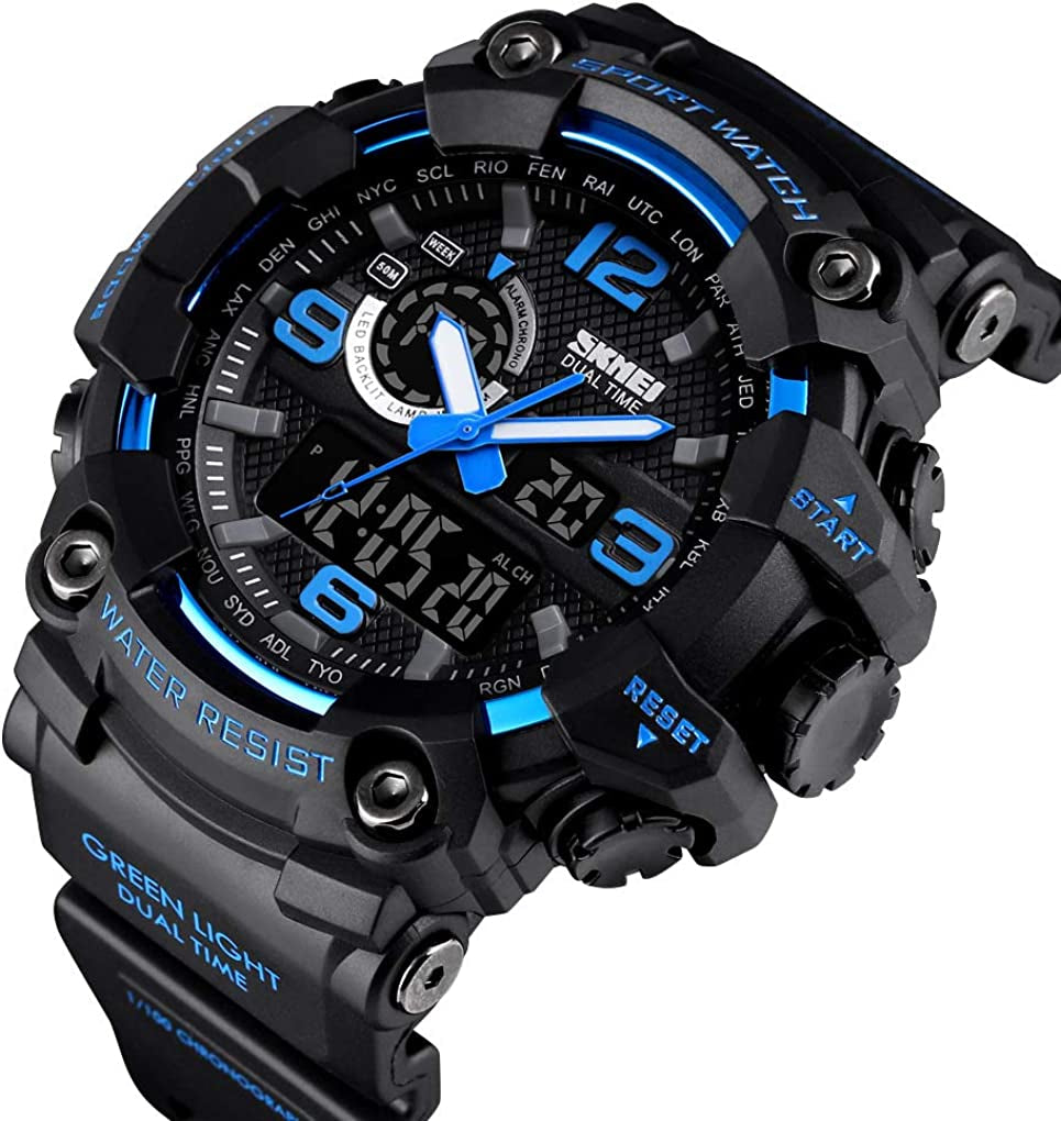 Men Digital Sports Watch, Dual Time Display LED Military Wrist Watch, Shockproof Large Dial Men Wristwatches Outdoor Waterproof Alarm Watches
