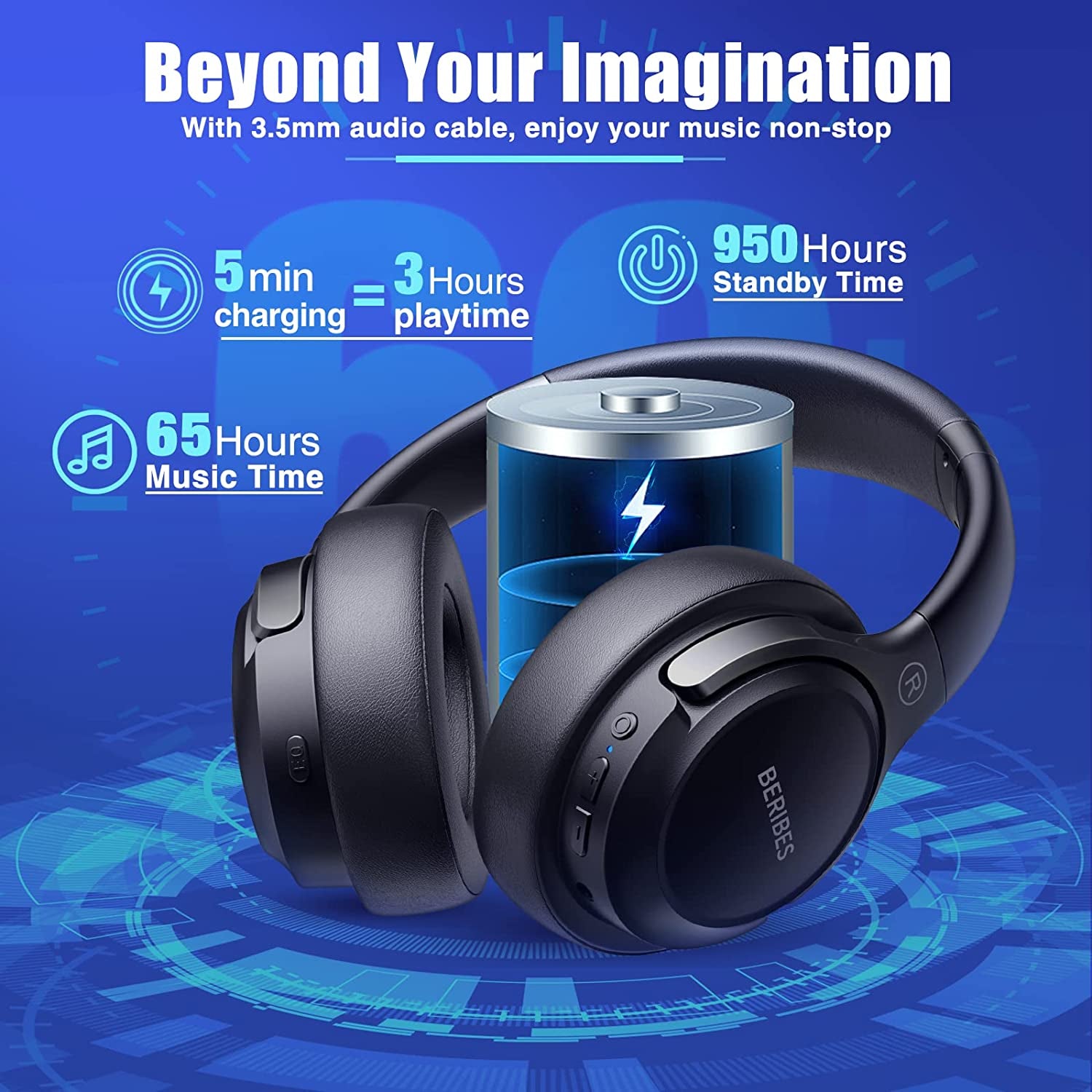 Bluetooth Headphones over Ear, 65H Playtime and 3 EQ Music Modes Wireless Headphones with Microphone, Hifi Stereo Foldable Lightweight Headset, Deep Bass for Home Office Cellphone PC TV