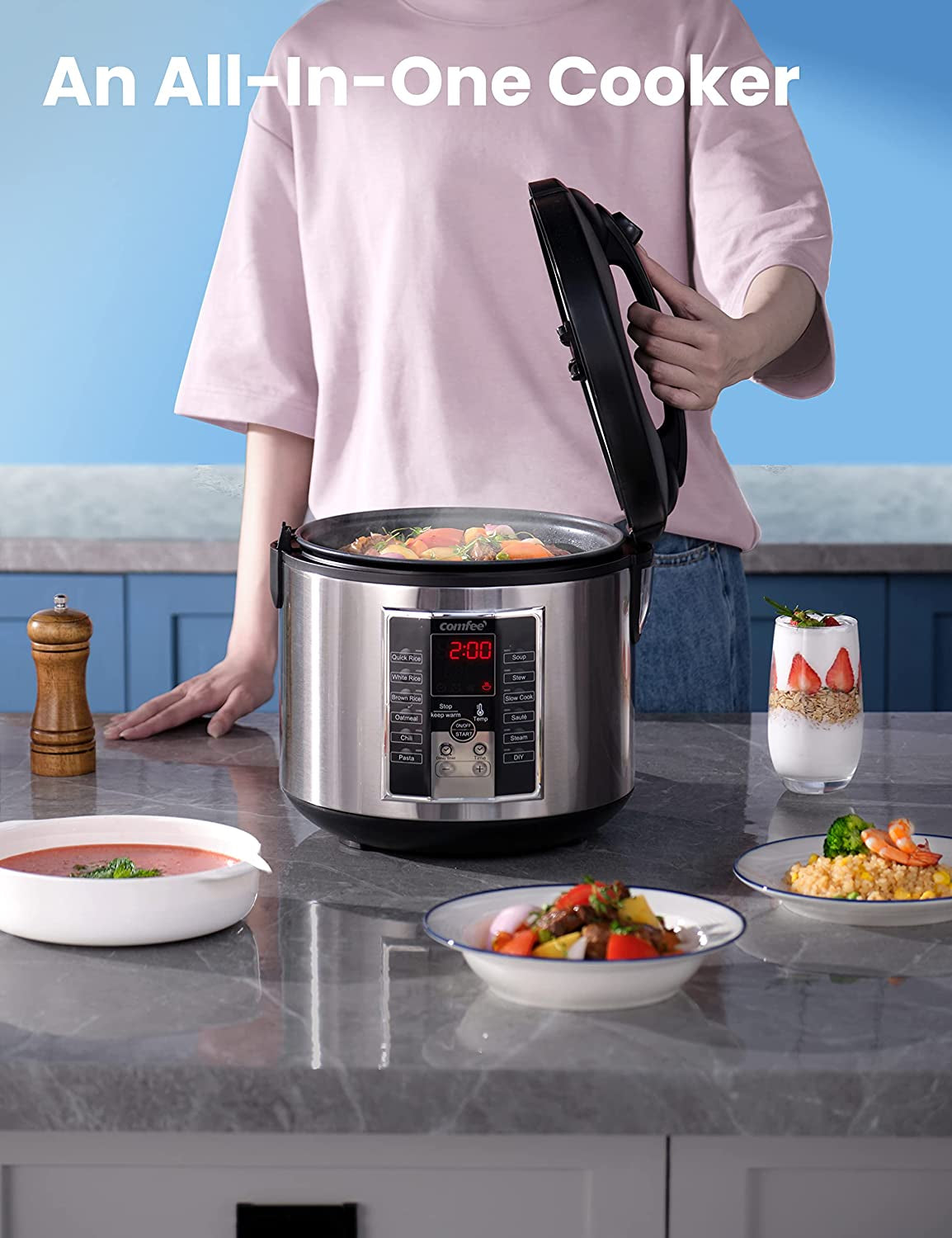 COMFEE' Rice Cooker, Slow Cooker, Steamer, Stewpot, Saute All in One (12 Digital Cooking Programs) Multi Cooker (5.2Qt ) Large Capacity, 24 Hours Preset & Instant Keep Warm