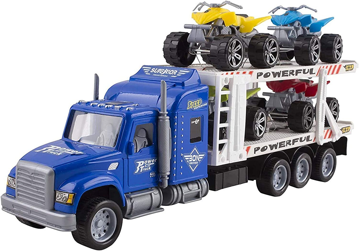 Semi Truck Trailer 15" Includes 4 Atvs Friction Carrier Hauler Kids Push and Go Big Rig Auto Transporter Vehicle Semi-Truck Car Pretend Play for Children Boys Girls Toddlers