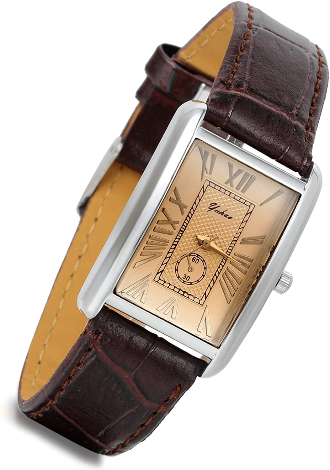 Retro Vintage Square Quartz Analog Watch Silver Tone Case Crocodile Pattern Brown Leather Business Casual Dress Wrist Watch for Christmas