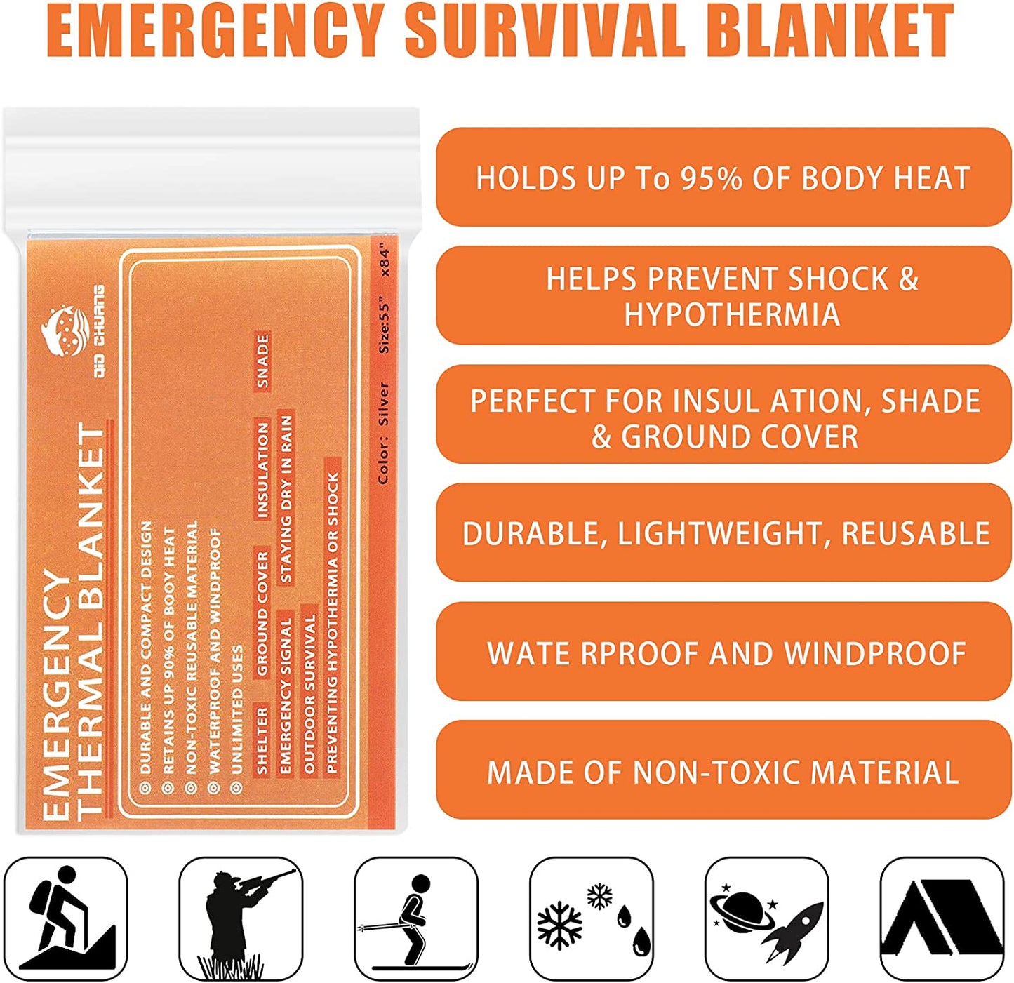 Emergency Mylar Thermal Blankets -Space Blanket Survival Kit Camping Blanket (Pack of 6). Perfect for Outdoors, Hiking, Survival, Bug Out Bag ,Marathons or First Aid