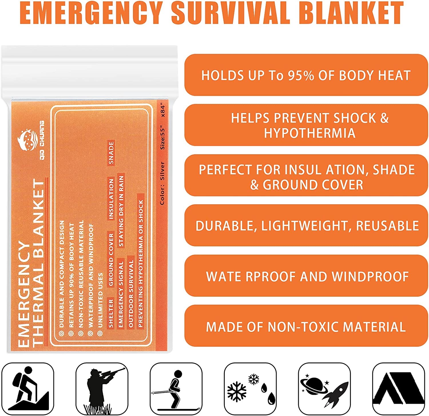 Emergency Mylar Thermal Blankets -Space Blanket Survival Kit Camping Blanket (Pack of 6). Perfect for Outdoors, Hiking, Survival, Bug Out Bag ,Marathons or First Aid