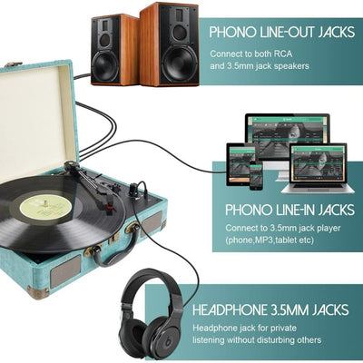 Vintage 3-Speed Bluetooth Vinyl Turntable with Stereo Speaker, Belt Driven Suitcase Vinyl Record Player