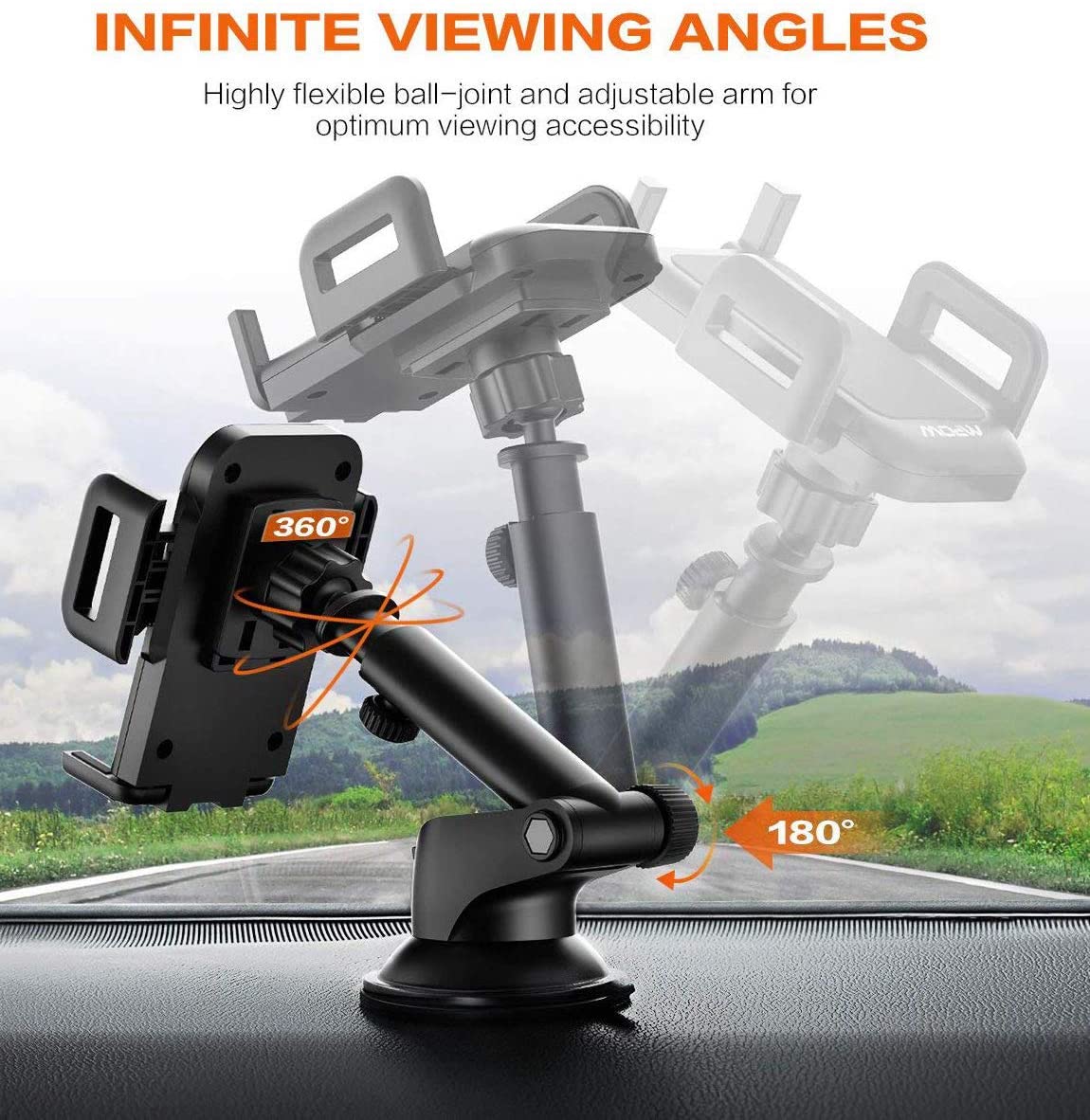 Car Cell Phone Mount Stand Holder Cradle Dashboard Windshield Washable Sticky Gel Pad 360 Rotation Three-Side Grips Universal (Dashboard Mount)