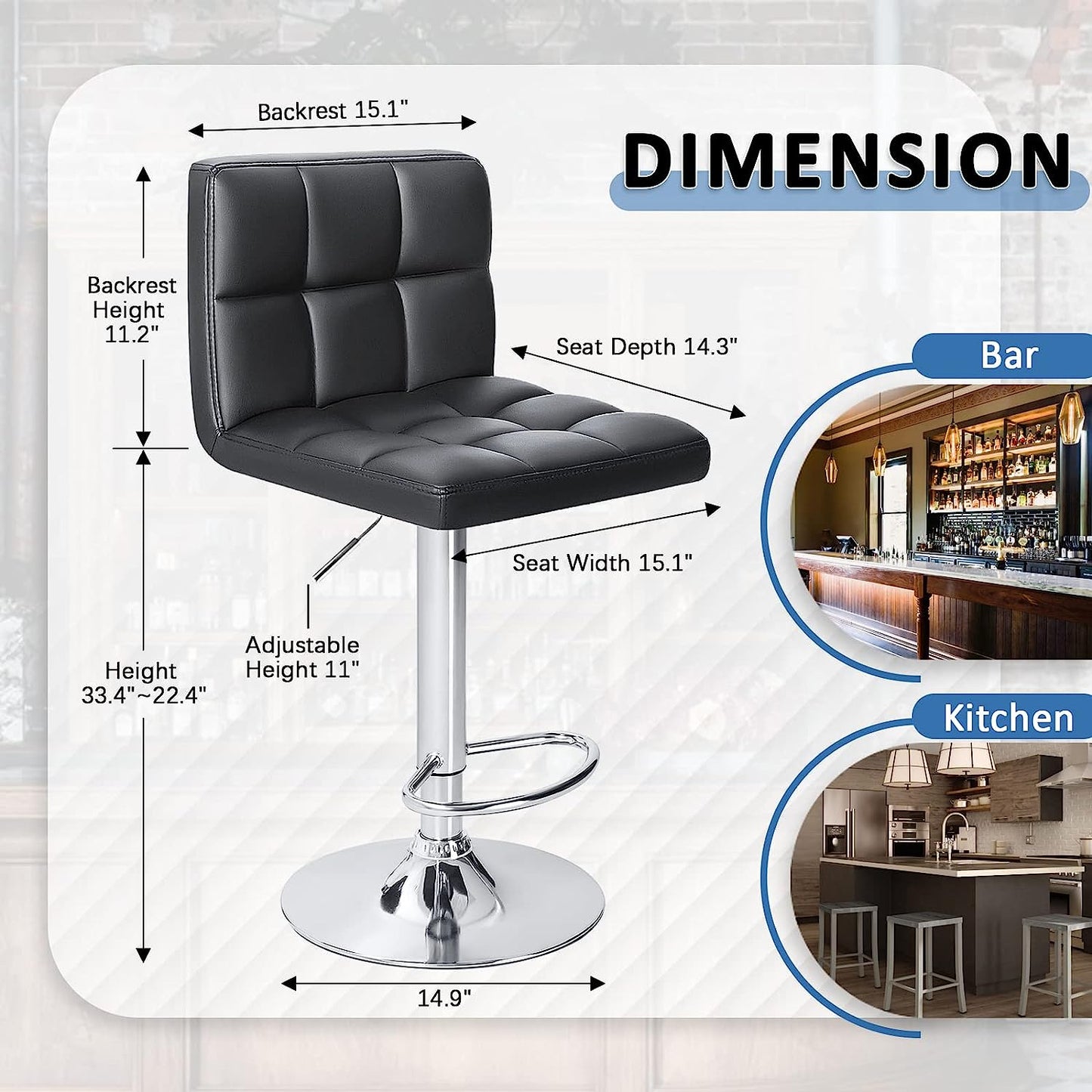 Set of 2 Bar Stools Modern PU Leather Adjustable Swivel Barstools, Armless Hydraulic Kitchen Counter Bar Stool Synthetic Leather Extra Height Square Island Barstool with Back
