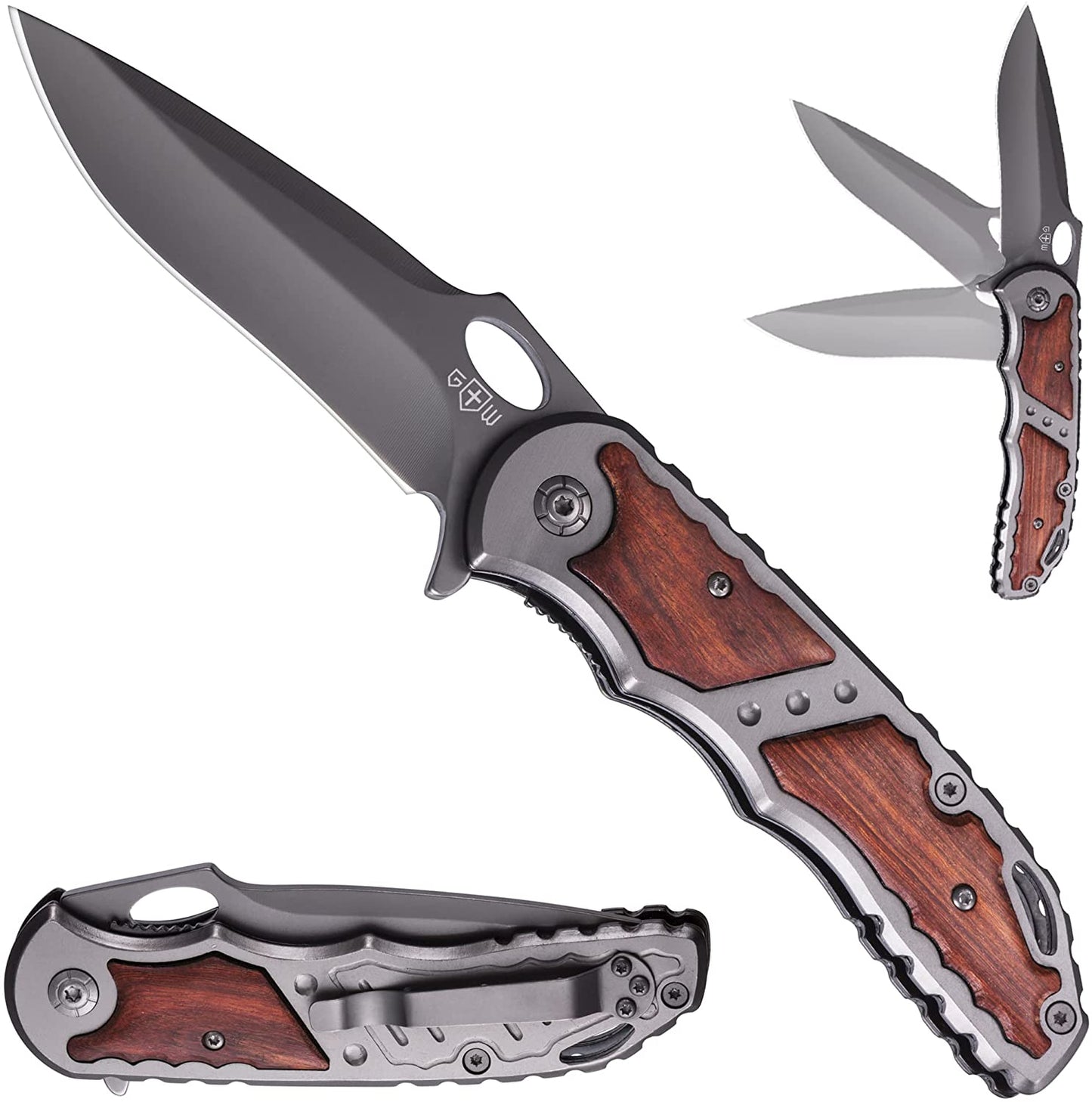 Pocket Knife - Spring Assisted Knife - Tactical Survival Folding Knives - Best EDC Camping Hiking Hunting Boy Scout Knofe Gear Accessories for Men Wood Handle Sharp Blade Knifes - Gift for Men 97010