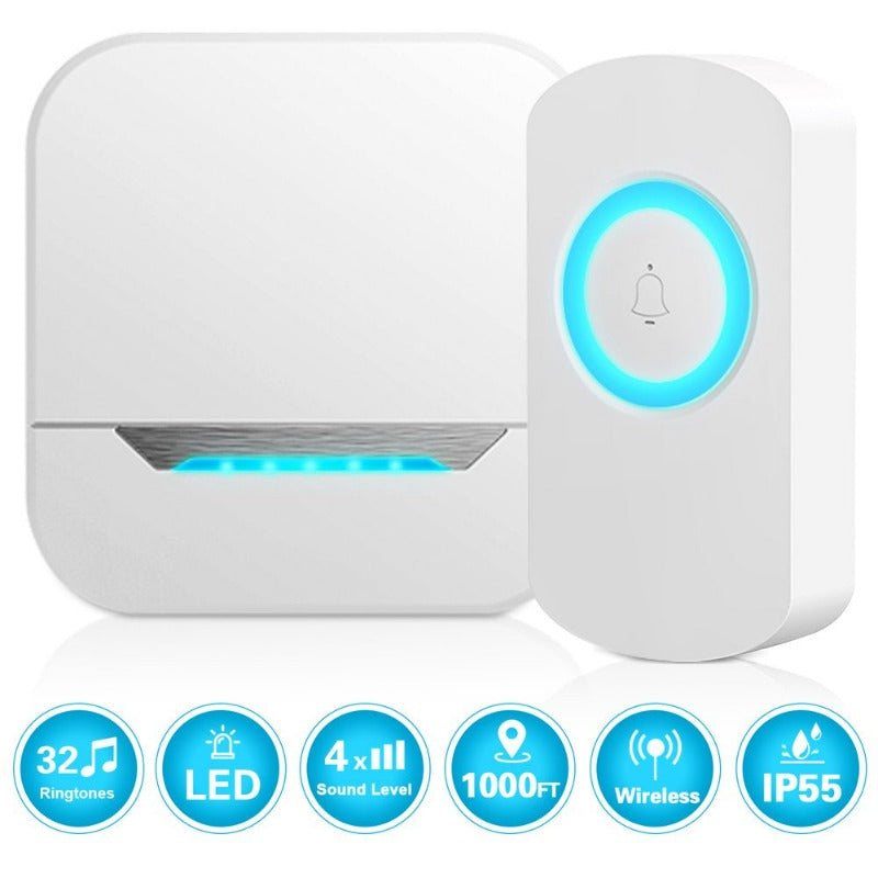 Mini Waterproof Wireless Door Bell Operating at 1000 Feet with 32 Melodies,4 Volume Levels & LED Flash