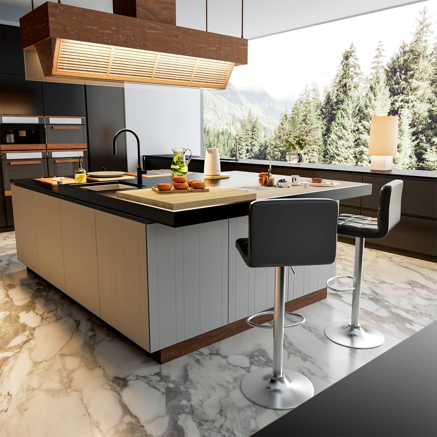 Set of 2 Bar Stools Modern PU Leather Adjustable Swivel Barstools, Armless Hydraulic Kitchen Counter Bar Stool Synthetic Leather Extra Height Square Island Barstool with Back