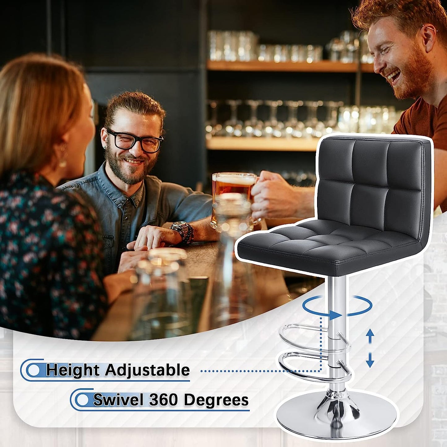 Set of 2 Bar Stools Modern PU Leather Adjustable Swivel Barstools, Armless Hydraulic Kitchen Counter Bar Stool Synthetic Leather Extra Height Square Island Barstool with Back