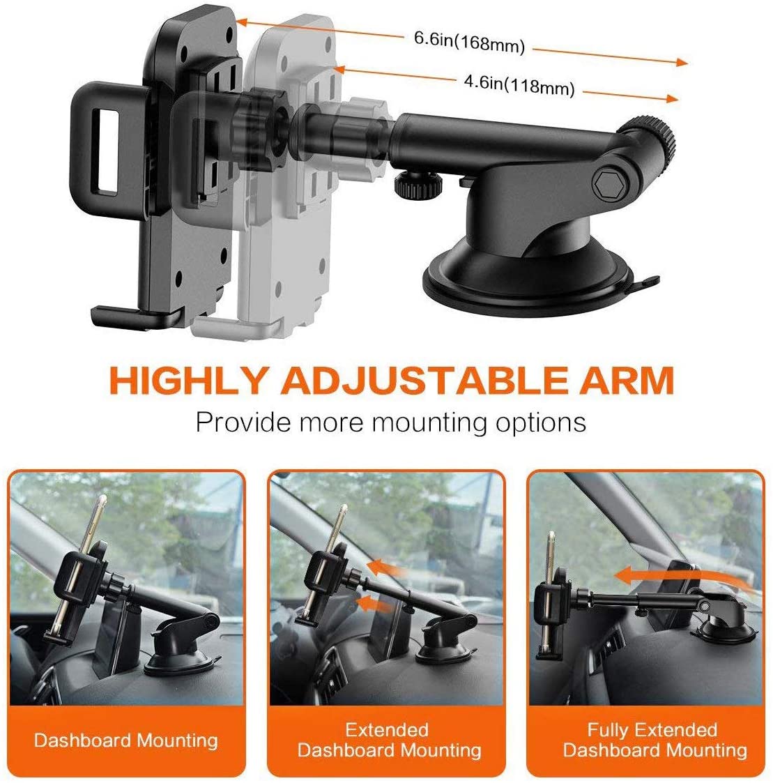 Car Cell Phone Mount Stand Holder Cradle Dashboard Windshield Washable Sticky Gel Pad 360 Rotation Three-Side Grips Universal (Dashboard Mount)