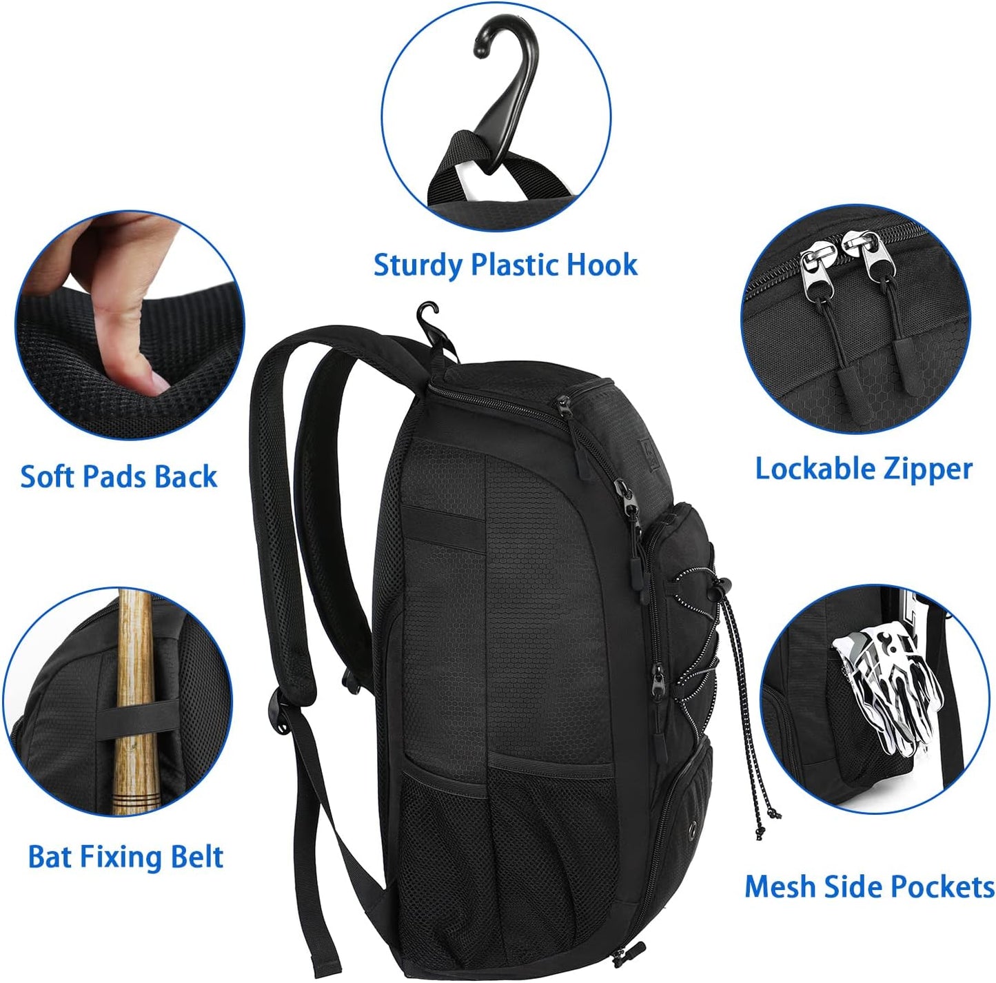 29L Baseball Backpack, Softball Bat Bag with Shoes Compartment Lightweight Baseball Bag with Fence Hook