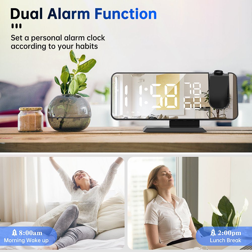 Projection Alarm Clock for Bedroom, Digital Alarm Clock Radio with USB Charger Ports, 7.3" Large LED Screen & 4 Adjustable Dimmer with Temperature & Humidity Display