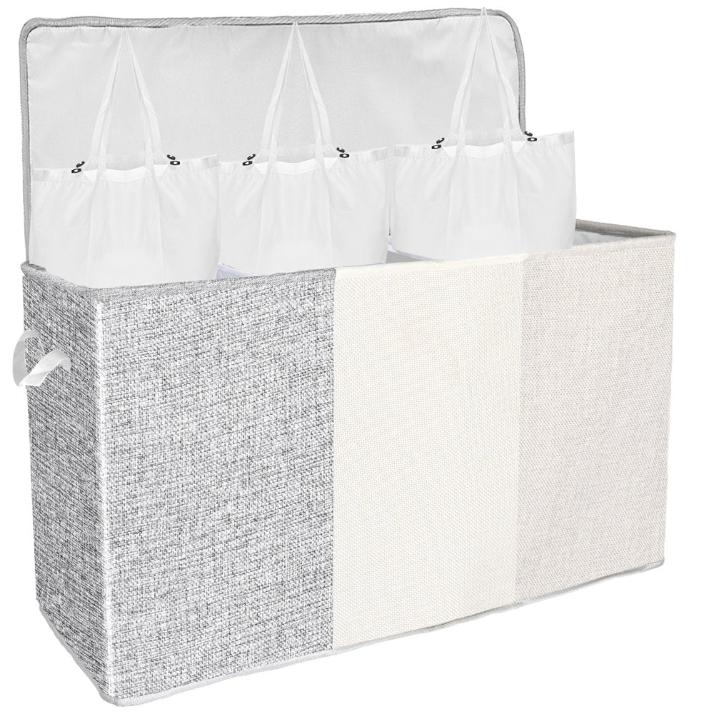 Double Laundry Hamper with Lid and Removable Laundry Bags, Large Collapsible 2 Dividers Dirty Clothes Basket with Handles for Bedroom, Laundry Room, Closet, Bathroom, College, Dark Gray