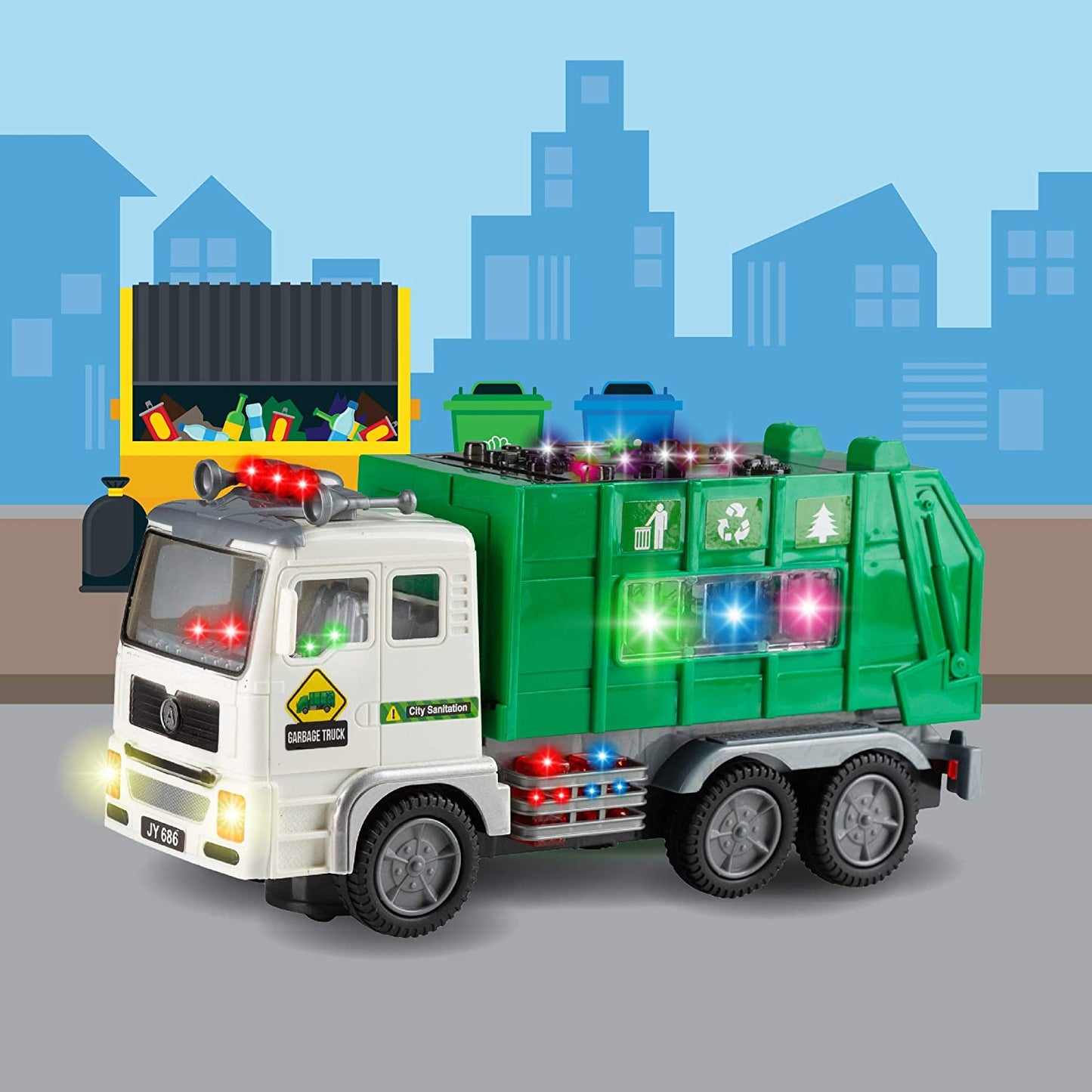 Toy Garbage Truck for Kids with 4D Lights and Sounds - Battery Operated Automatic Bump & Go Car - Sanitation Truck Stickers